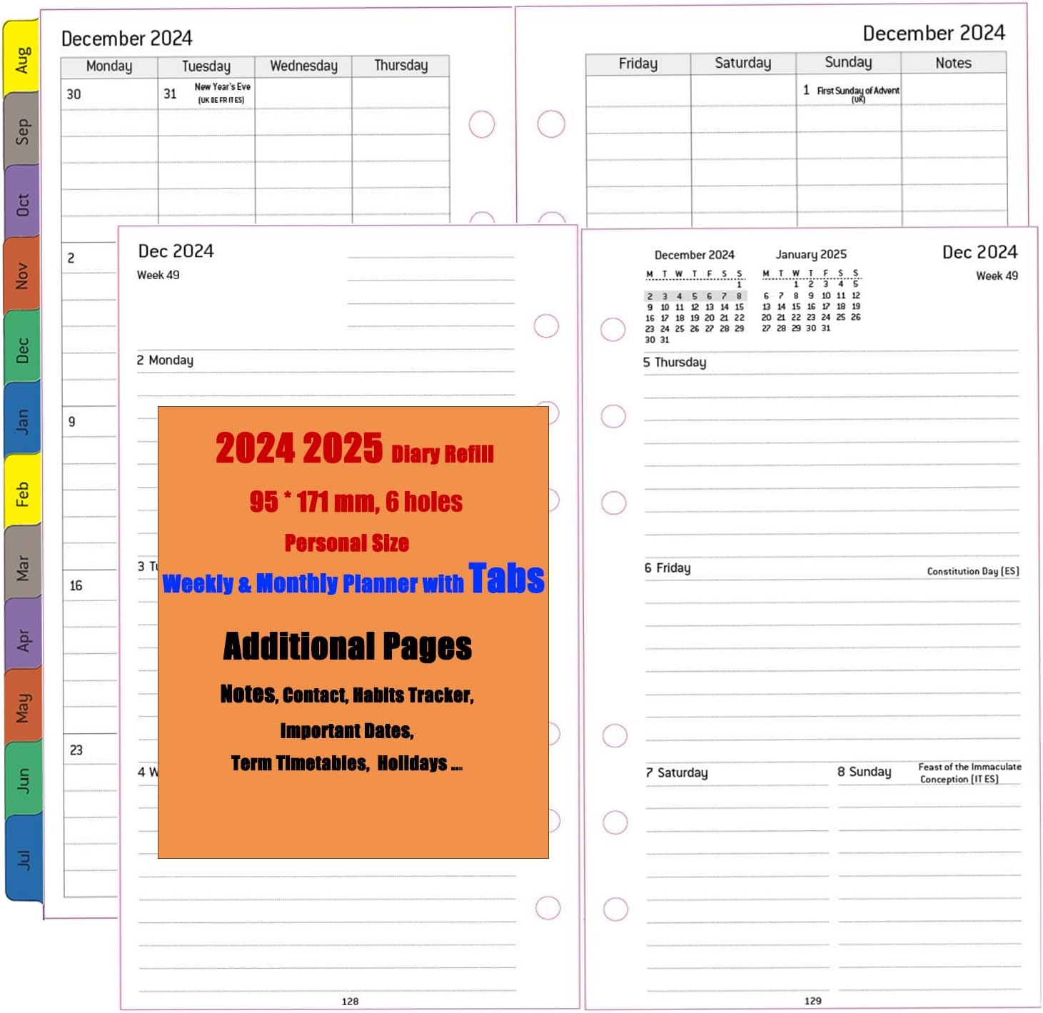 Academic Diary 2024 2025 Refill Personal Size, 1 Week on 2 Page with Monthly Tab...