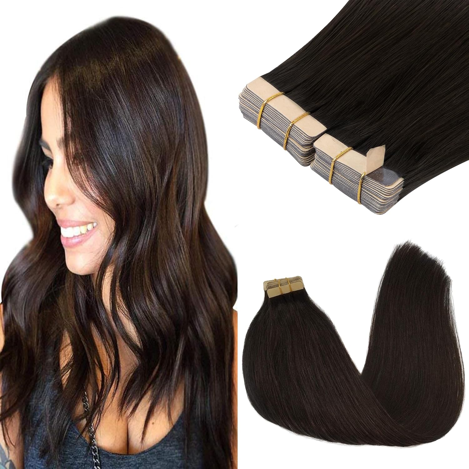 GOO GOO Tape in Hair Extensions 100% Human Hair Dark Brown Real Remy Hair Extens...