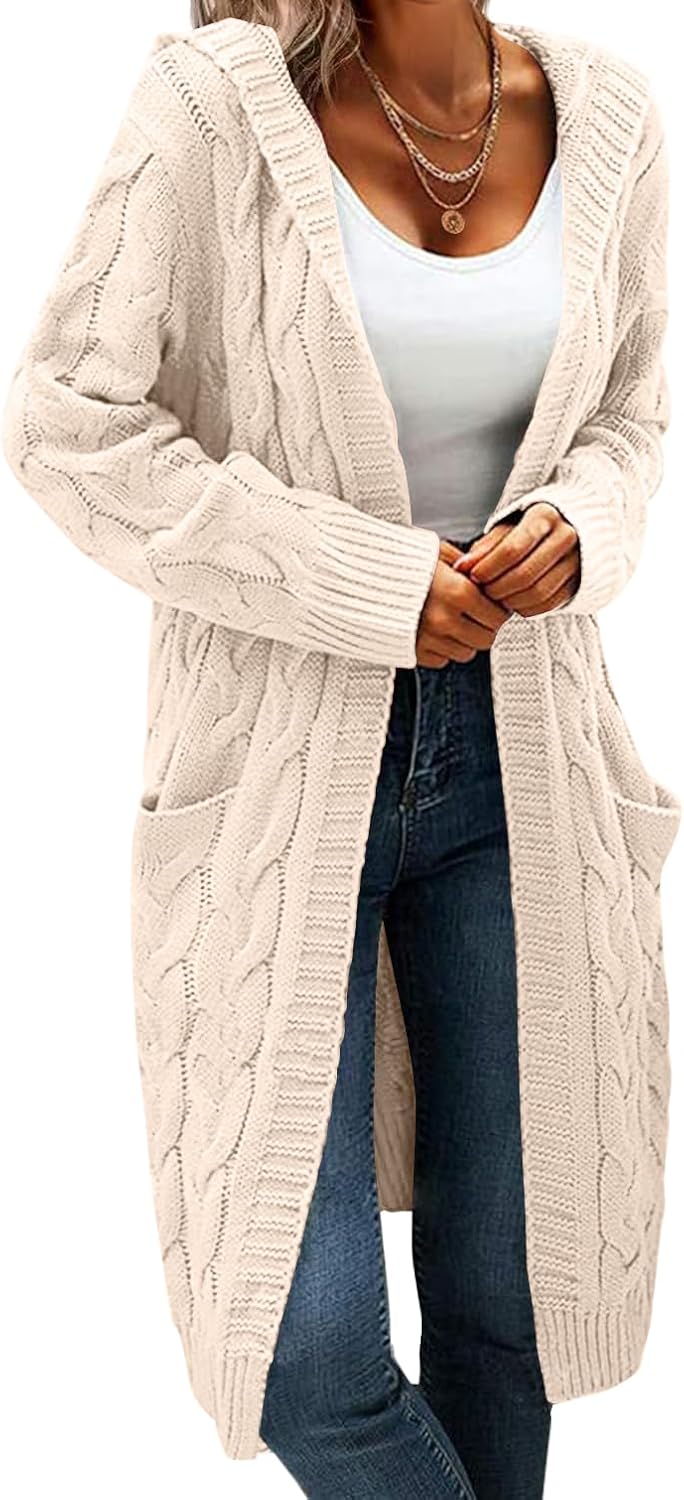 Hooded Open Front Cardigan for Women Cable Knit Sweaters Pocketed Oversized Knee...