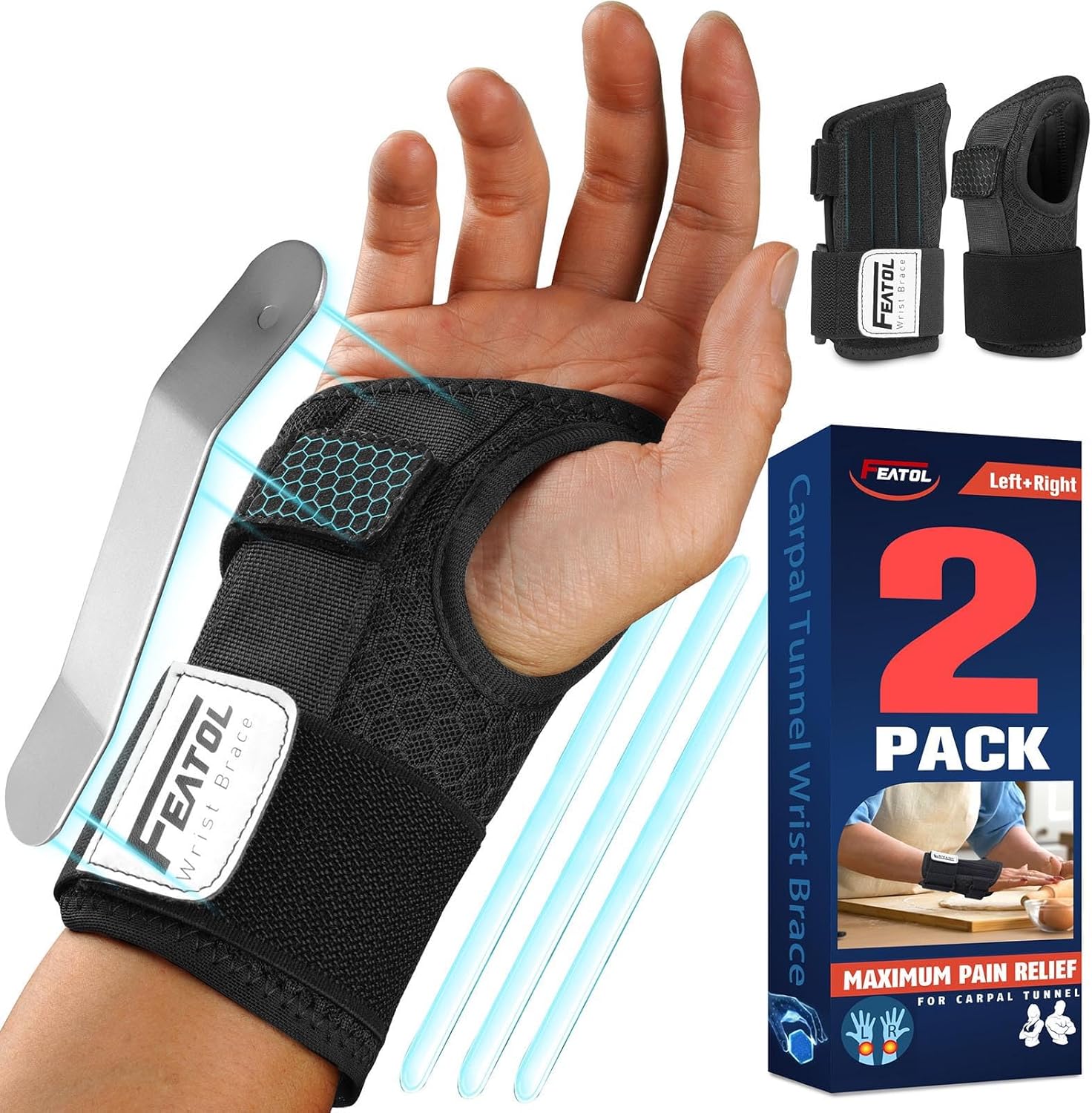 FEATOL 2 Pack Carpal Tunnel Wrist Brace For Work With Wrist Splint, Adjustable W...