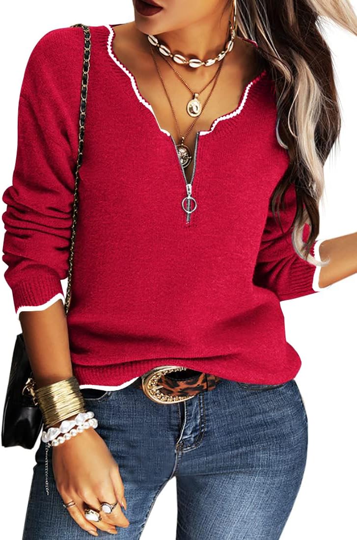 Hongqizo Women's V Neck Long Sleeve Sweater Half Zipper Knit Sweater Casual Cric...