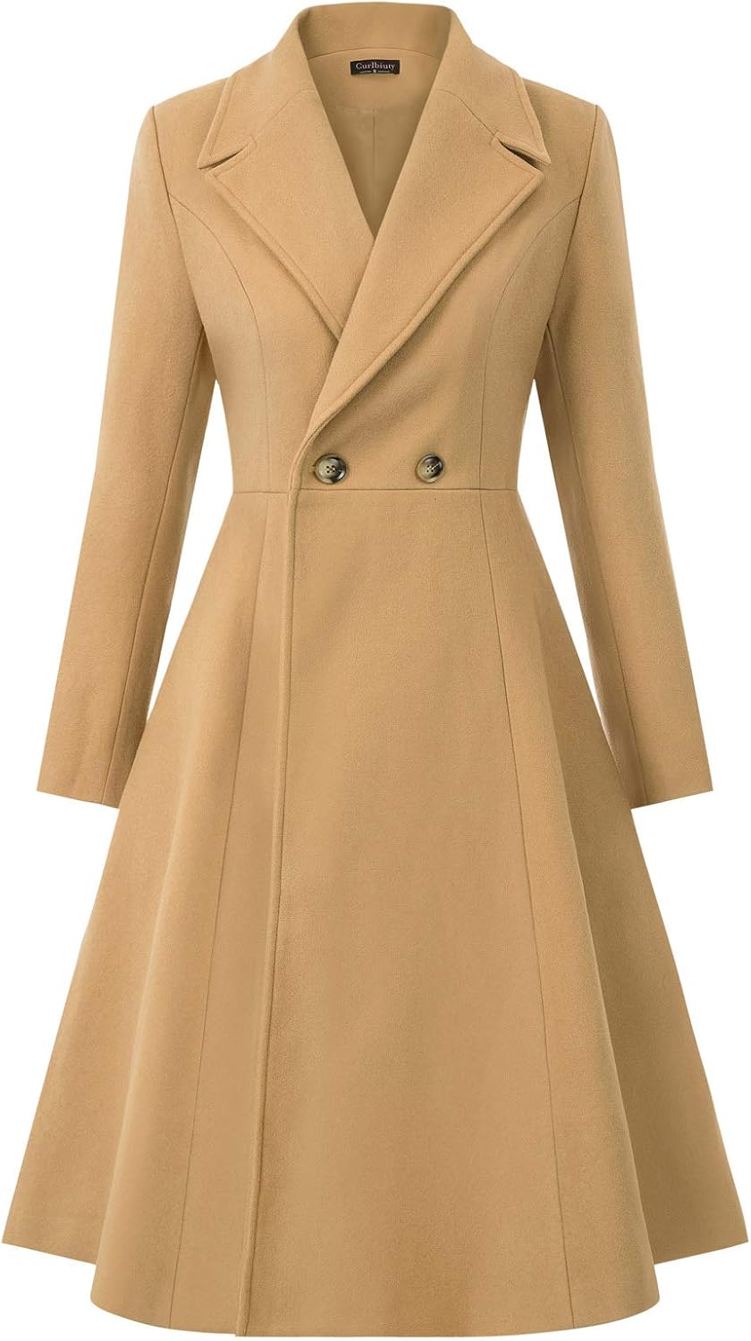 CURLBIUTY Women's Pea Coat Double Breasted A Line Long Trench Coat Winter Dress...