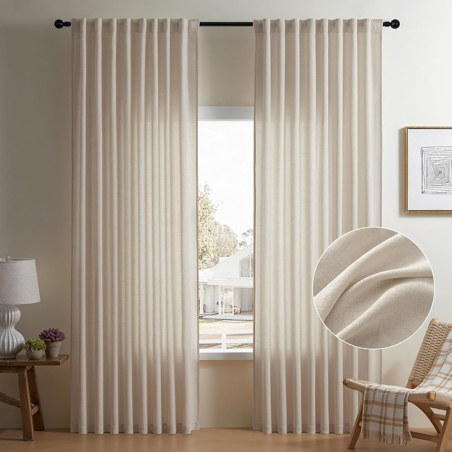 Neutral Beige Linen Curtains 84 Inch Length for Dining Living Room Light Filteri...