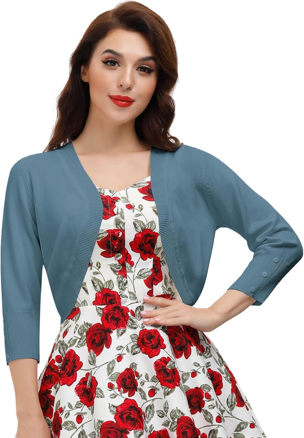Belle Poque Womens 3/4 Sleeve Bolero Shrug Open Front Knit Cropped Cardigan Gray...