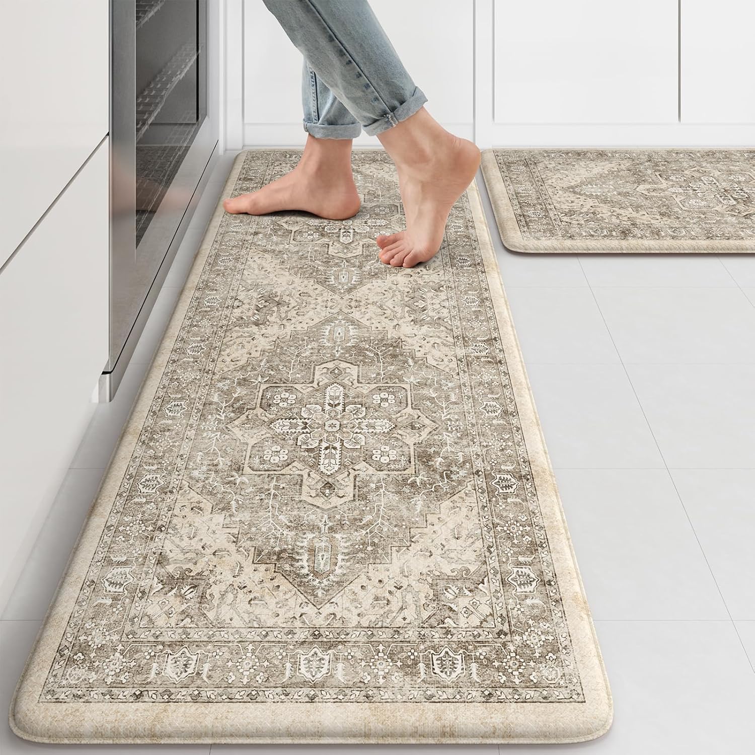 KIMODE Anti Fatigue Kitchen Mats 2 PCS 17"x47"+17"x29", Boho Kitchen Rugs and Ma...