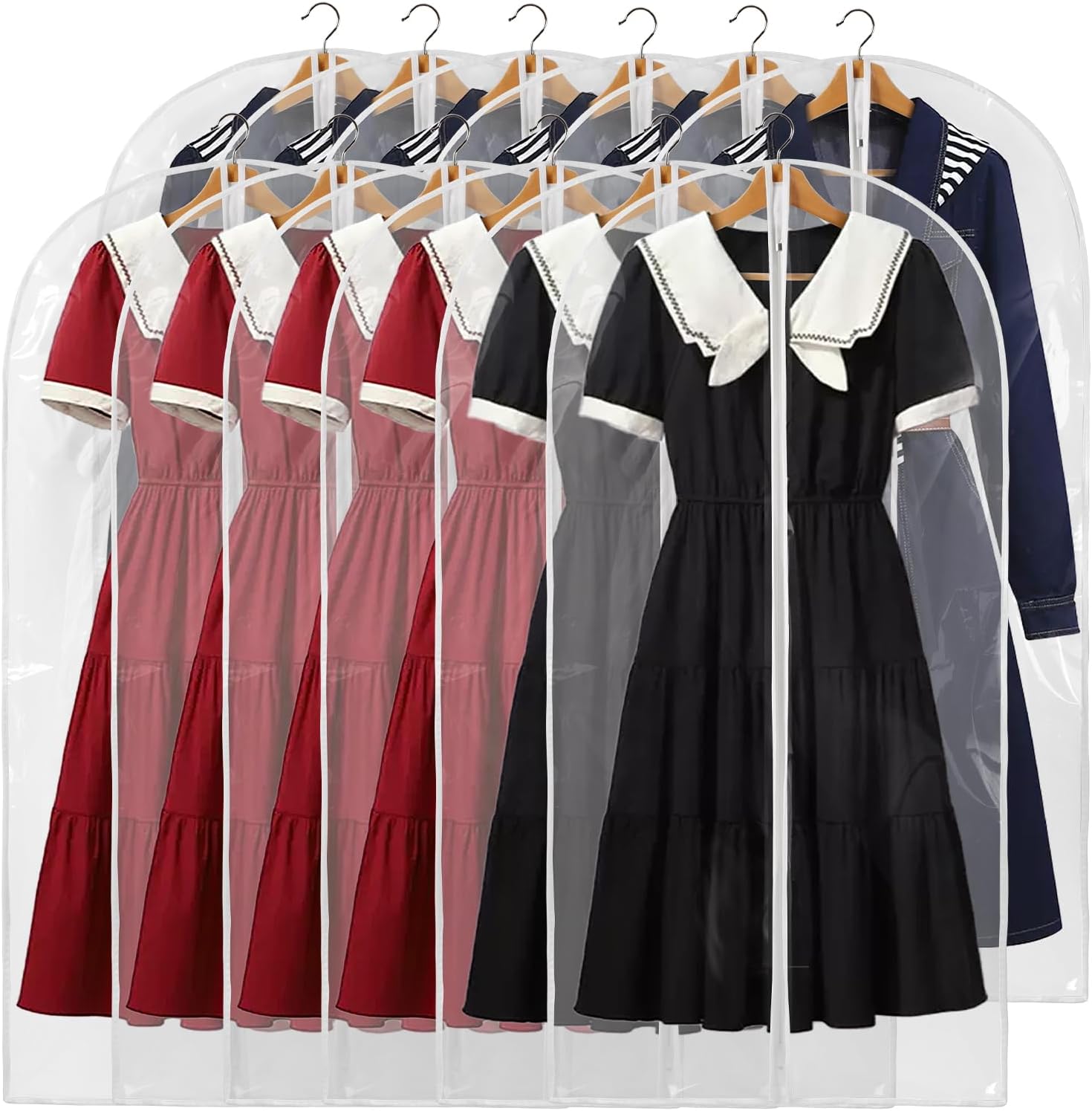 48" All Clear Garment Bags for Hanging Clothes, 12 Packs Suit Bags for Closet St...