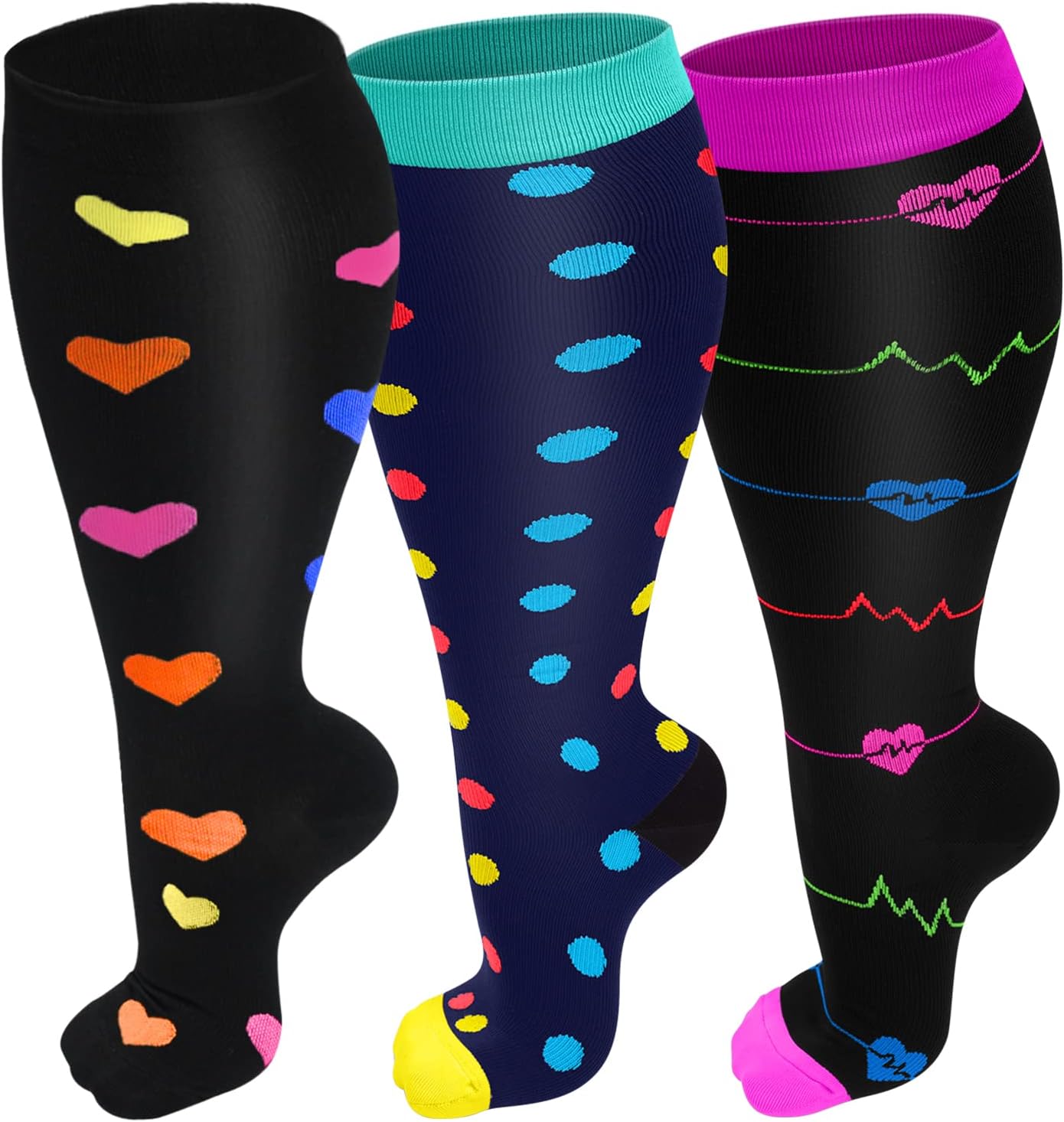 Refeel 3 Packs Plus Size Compression Socks Wide Calf For Women & Men - Large Siz...