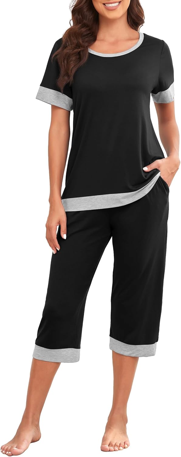 PrinStory Women's Pajama Set, Special Short Sleeve Shirt and Capri Pants Sleepwe...