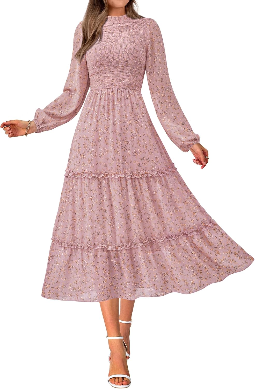 NOLLSOM Women 2024 Fall Dress Floral Boho Dress Casual Long Sleeve Crew Neck Ruf...