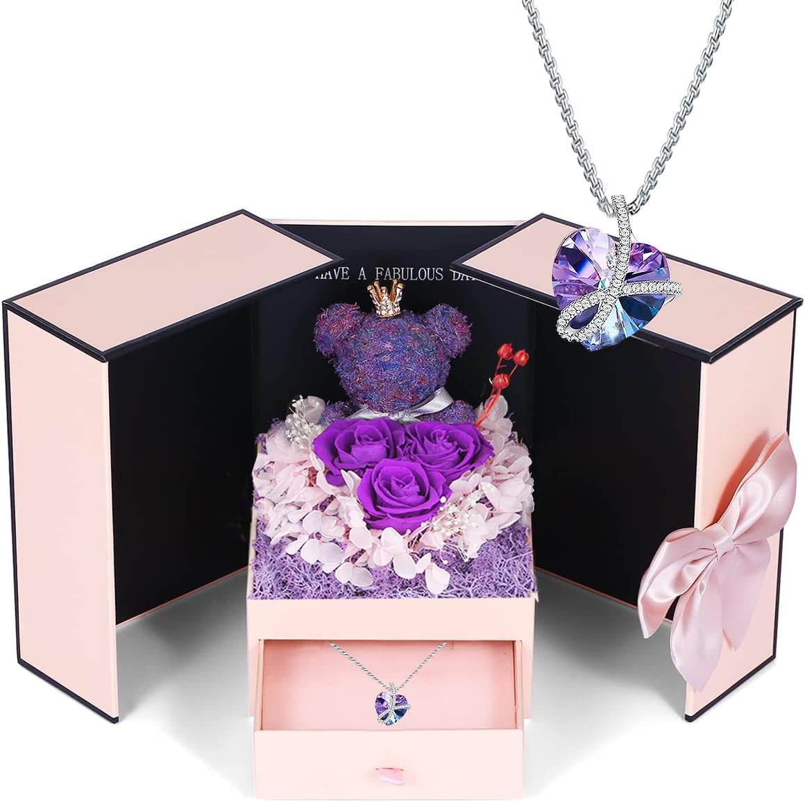 Preserved Purple Rose Moss Bear with Purple heart crystal necklace, Gifts for Wo...