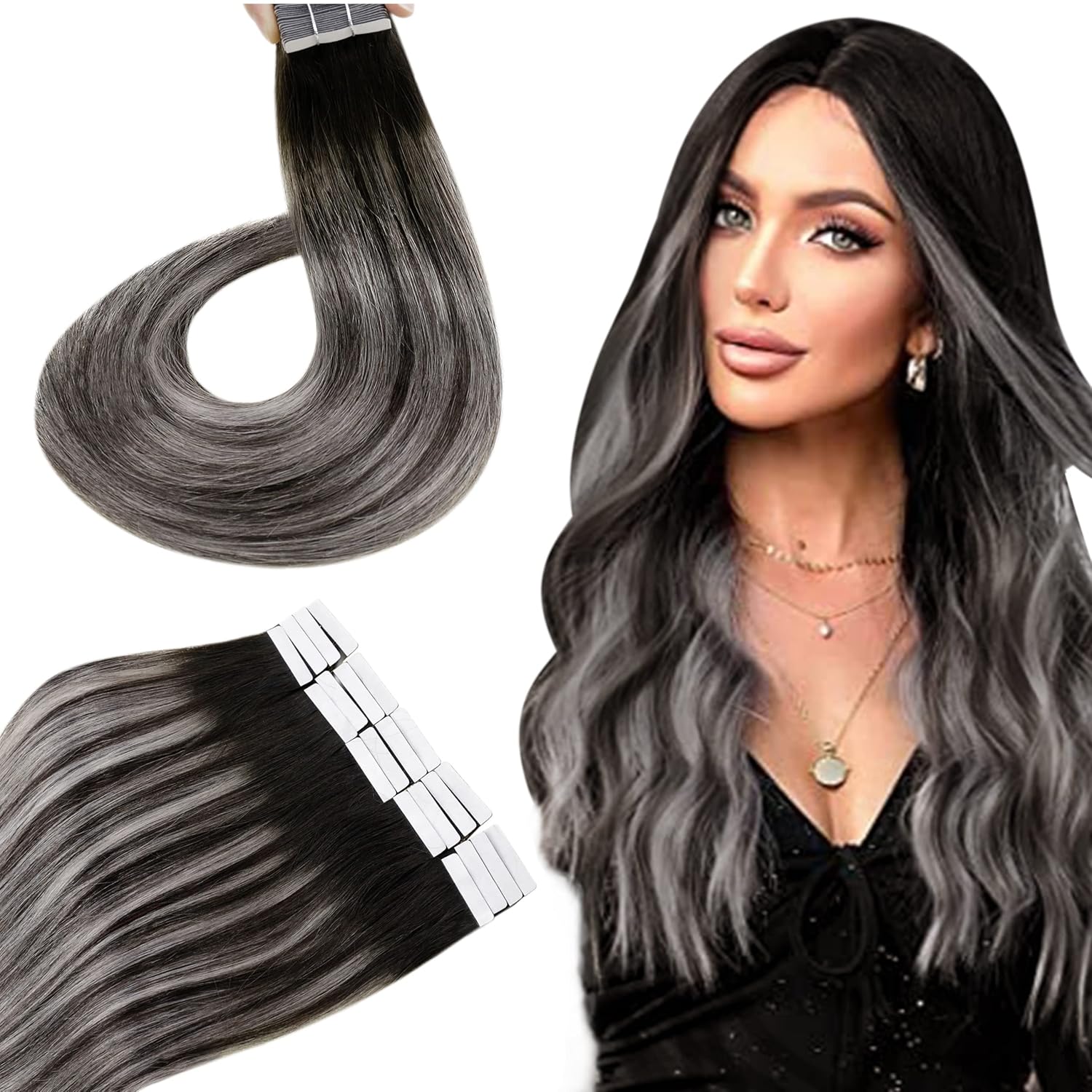 Hetto Balayage Tape in Hair Extensions Ombre Off Black to Silver Mix Black Hair...