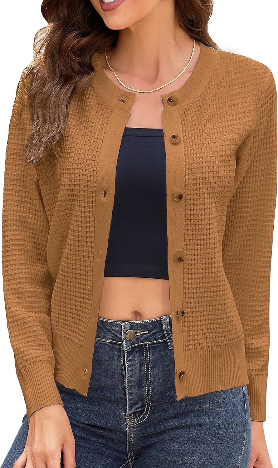 Women's Crew Neck Button Down Long Sleeve Solid Knit Classic Cardigan Sweater Br...