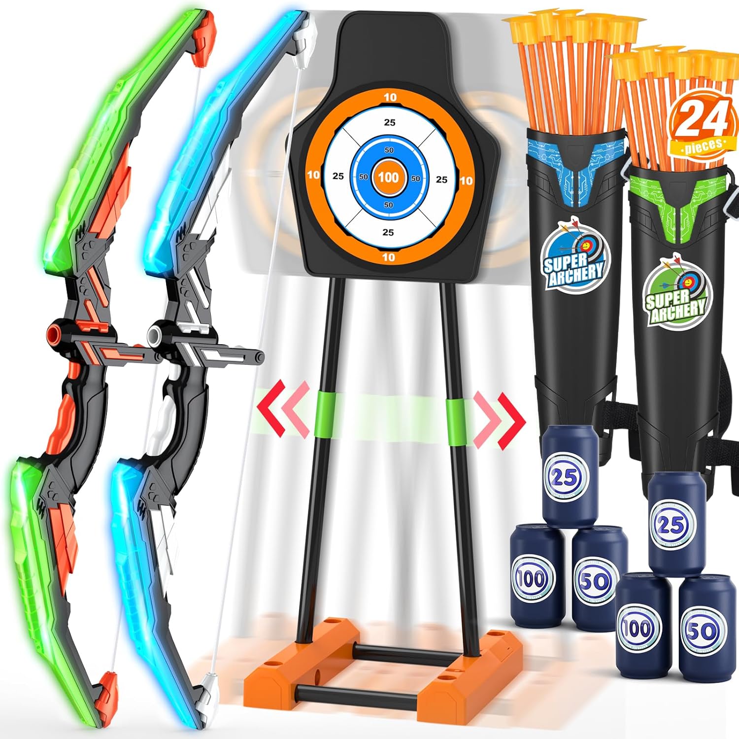 2 Pack Bow and Arrow with Moving Target for Kids, LED Light Up Archery Set with...