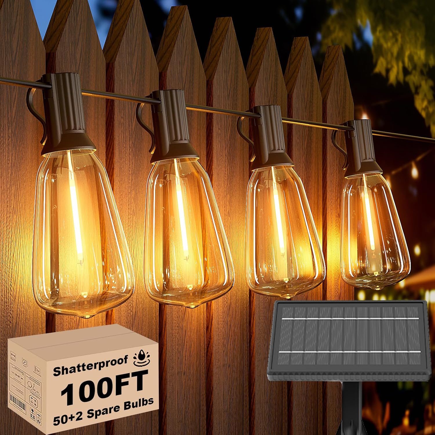 Svater Solar Outdoor String Lights 100FT, ST38 Patio Lights with 52pcs Shatterpr...