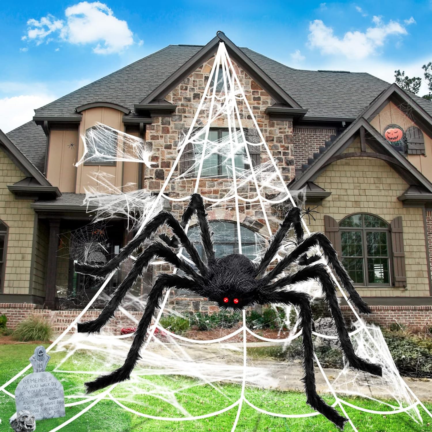 BOSONER Halloween Decorations Outdoor Spider Webs: 1Pcs Giant Spiders - 200'' Tr...