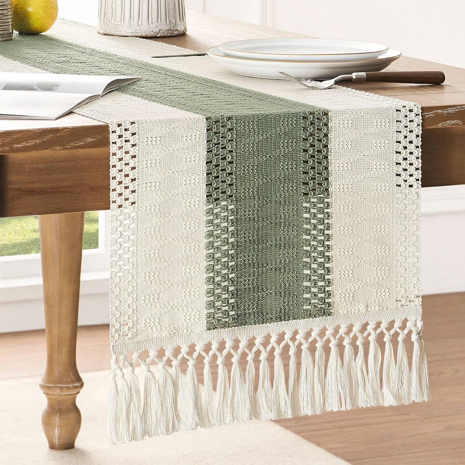 ZeeMart Macrame Style Bicolor Stitching Table Runner, Special 14 x 72 Inch Green...