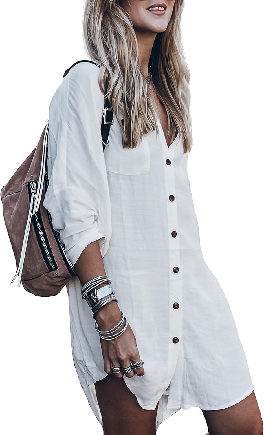 Women’s Swimsuit Cover up,Silky Button Down Shirt Midi Dress Kimono,Summer Bathi...