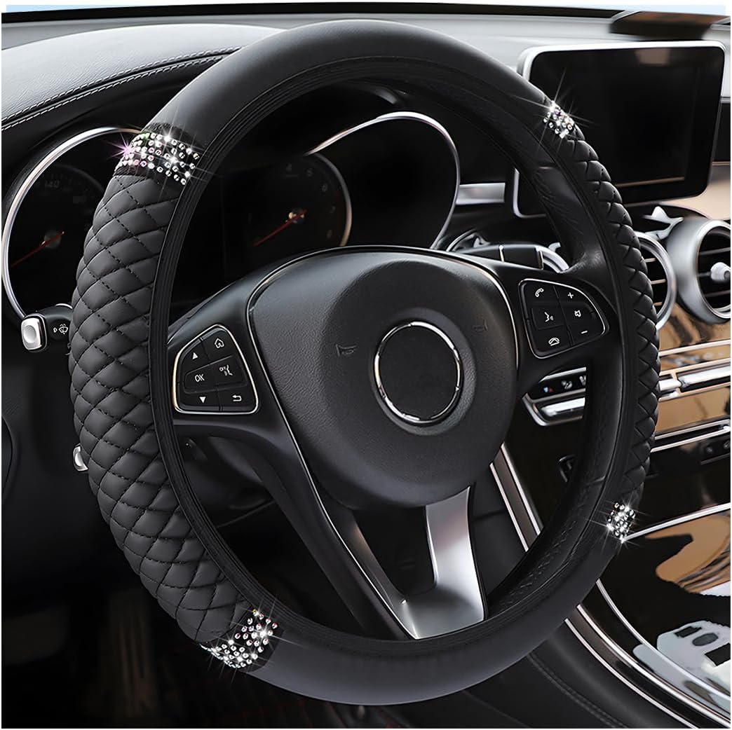 Bling Car Steering Wheel Cover, Special 15 Inch Rhinestones Soft Leather Elastic...