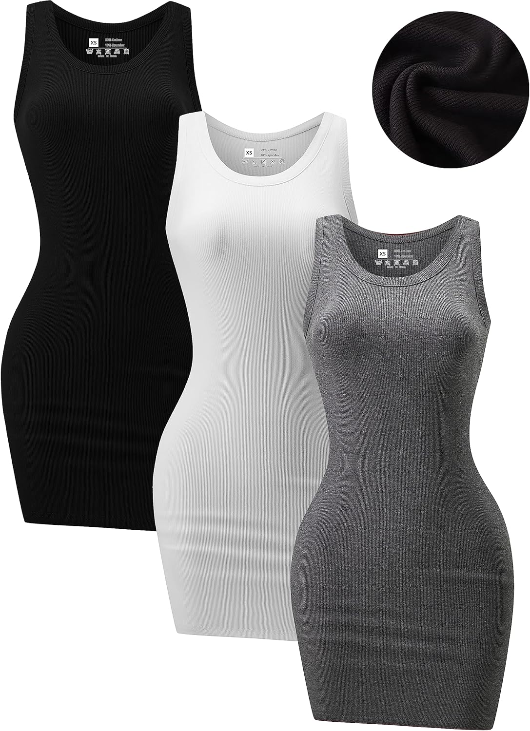 ChongBaiJia 3 Piece Womens Ribbed Scoop Neck Sleeveless Tank Dresses Basic Bodyc...