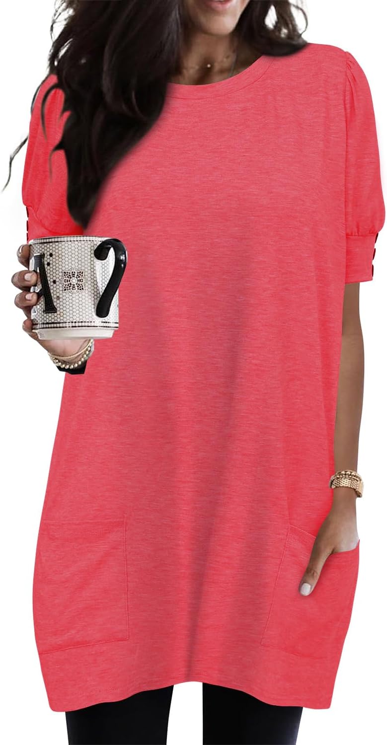 KISSMODA Womens Summer Tunic Tops for Leggings Casual Short Sleeve Long Shirts w...