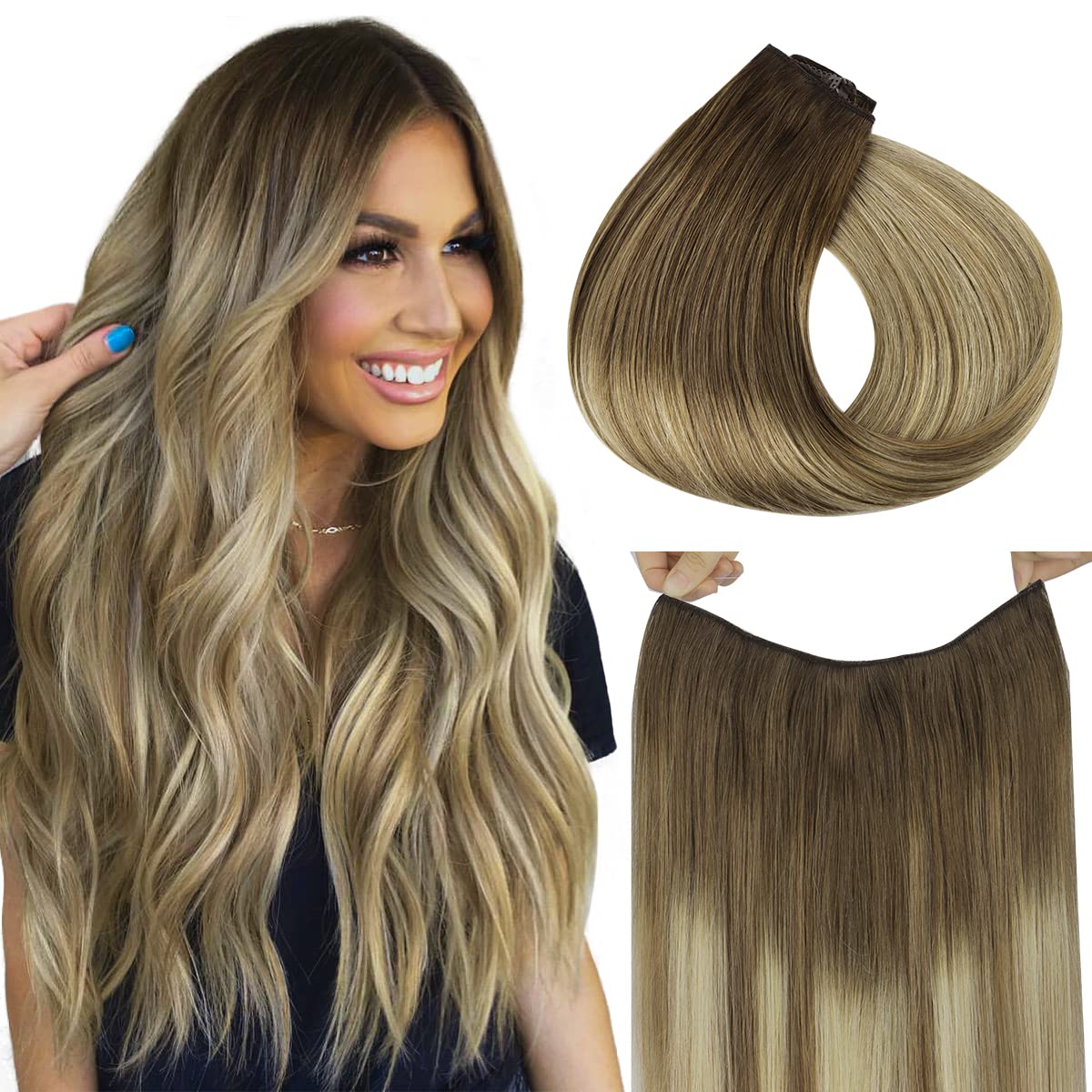 HOTBANANA Wire Hair Extensions, 18 inch 95g Walnut Brown to Ash Brown and Bleach...
