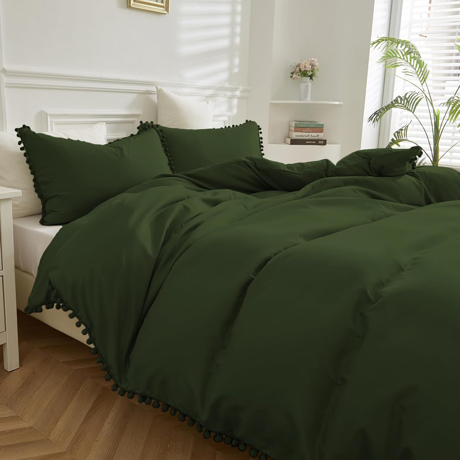 WONGS BEDDING Green Double Duvet Cover Tassels Quilt Cover, Breathable and Soft...