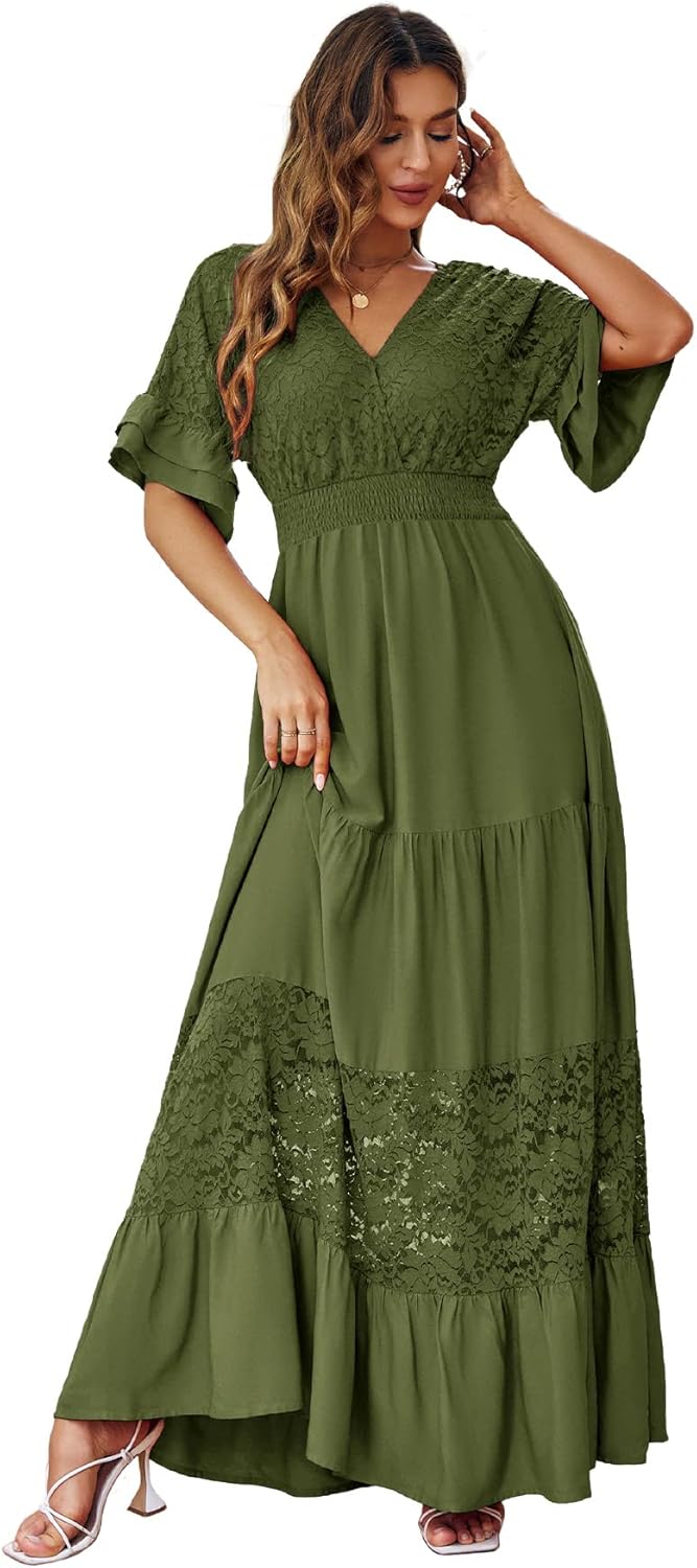 Simplee Women V Neck Formal Lace Maxi Dress Ruffle Flowy Short Sleeve Boho Weddi...