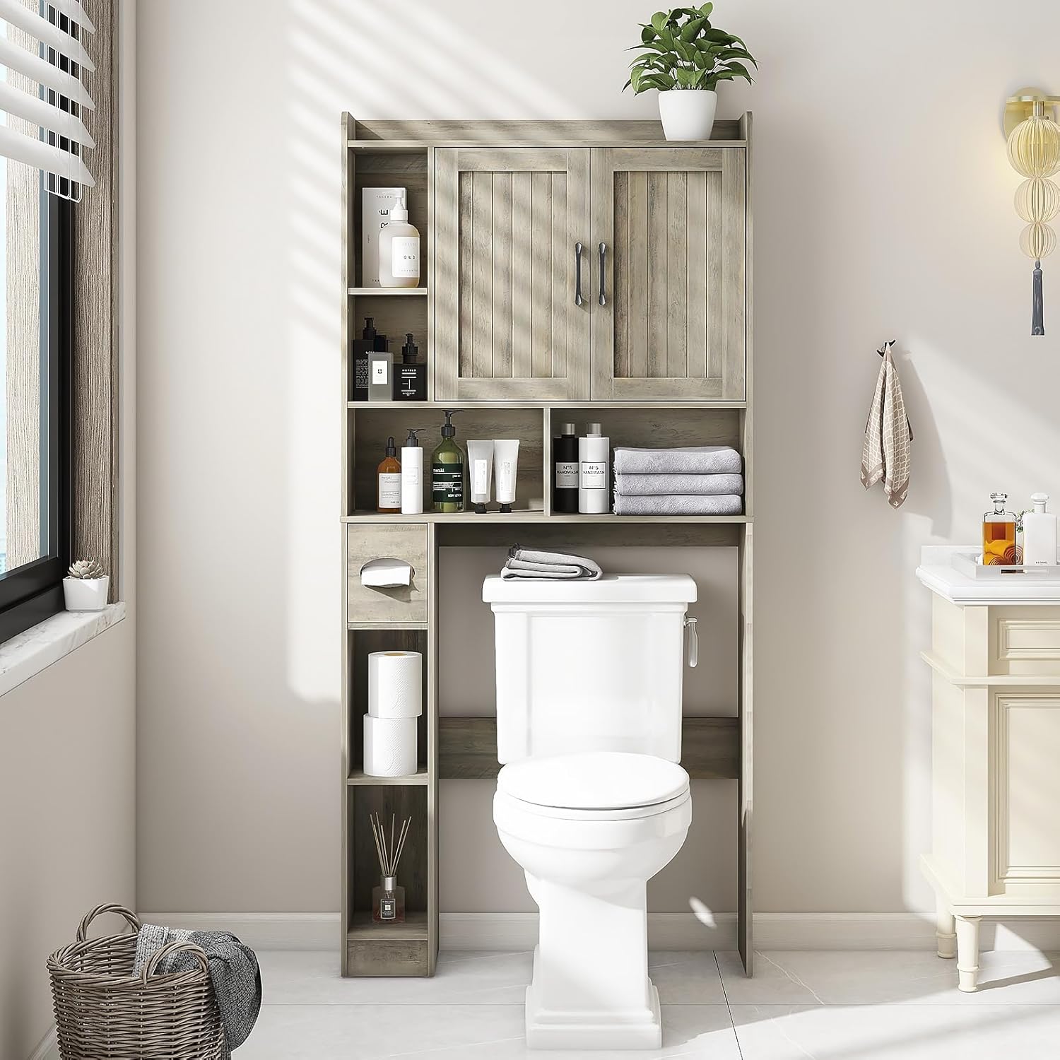 Over The Toilet Storage Cabinet, Farmhouse Storage Cabinet Over Toilet with 2 ba...