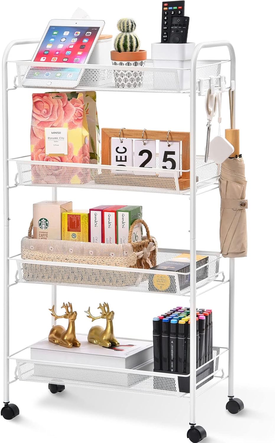 TOOLF 4-Tier Rolling Cart, Metal Utility Cart with 3 Hooks, Easy Assemble Mobile...