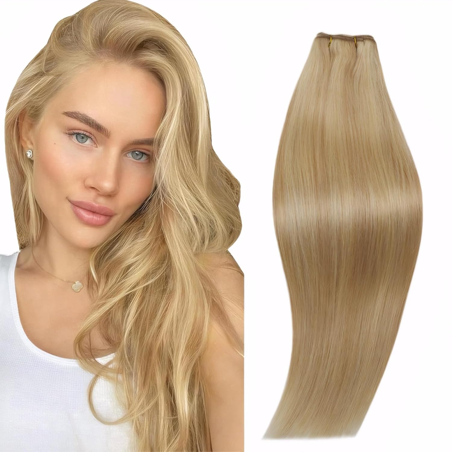 RUNATURE Blonde Weft Hair Extensions Human Hair 16 Inch Light Blonde Mix Golden...
