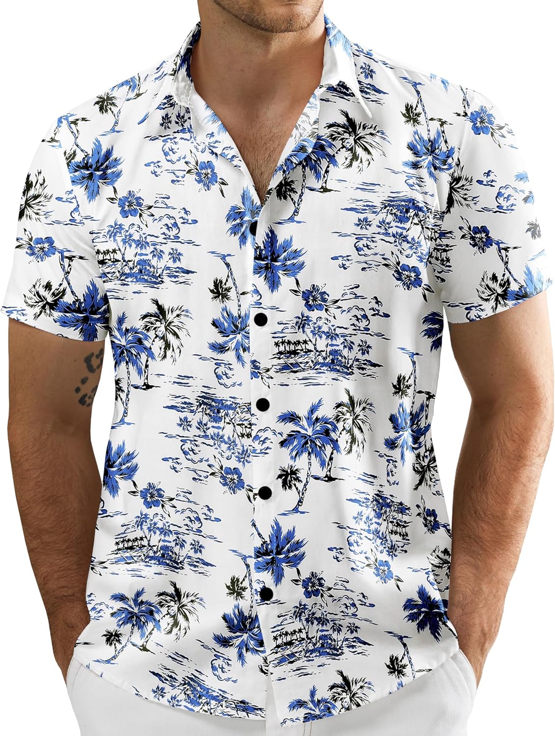 JOGAL Men's Flower Cotton Button Down Short Sleeve Hawaiian Shirt White Blue Lar...