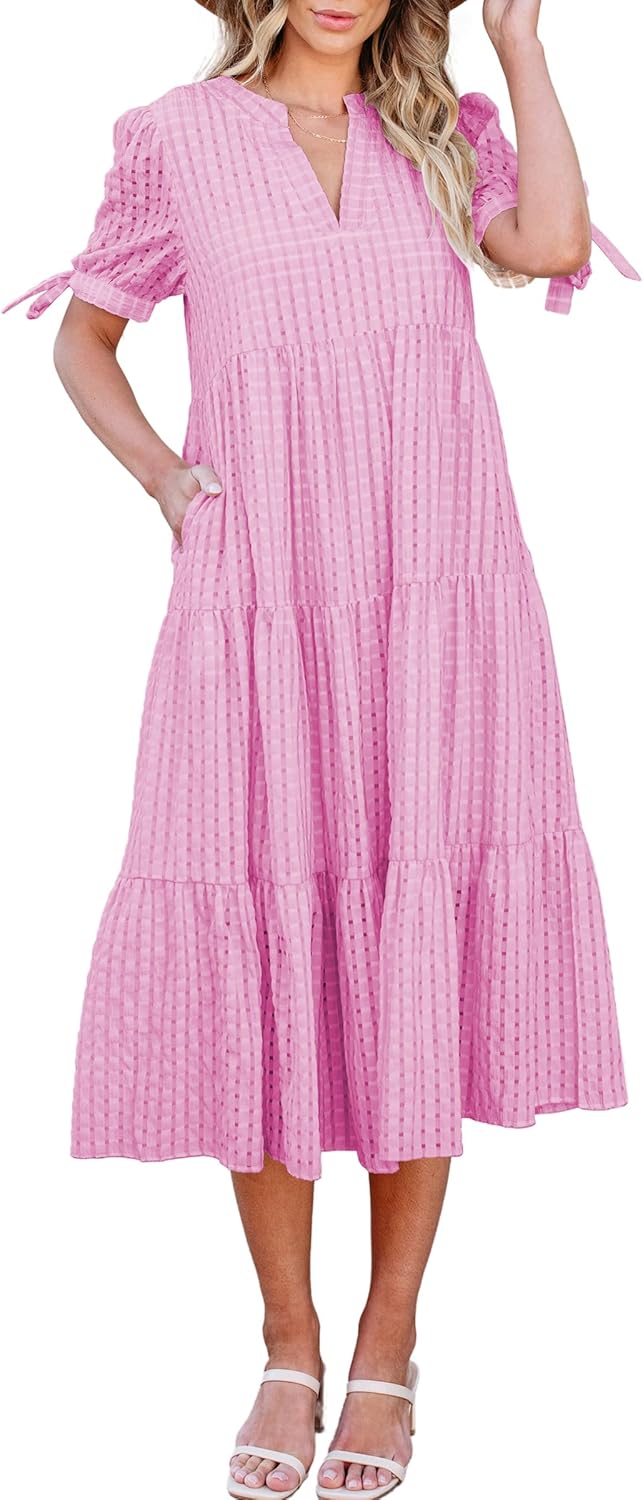 ECOWISH Women Summer Casual Dress - V Neck Short Sleeve Midi Pleated Tiered Plai...