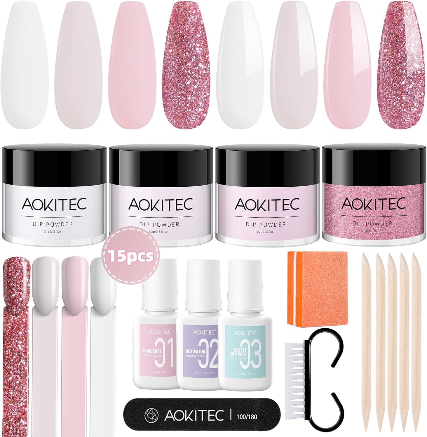 Aokitec 4 colours Dip Powder Nail Kit, White Pink Glitter Nail Dipping Powder Ki...