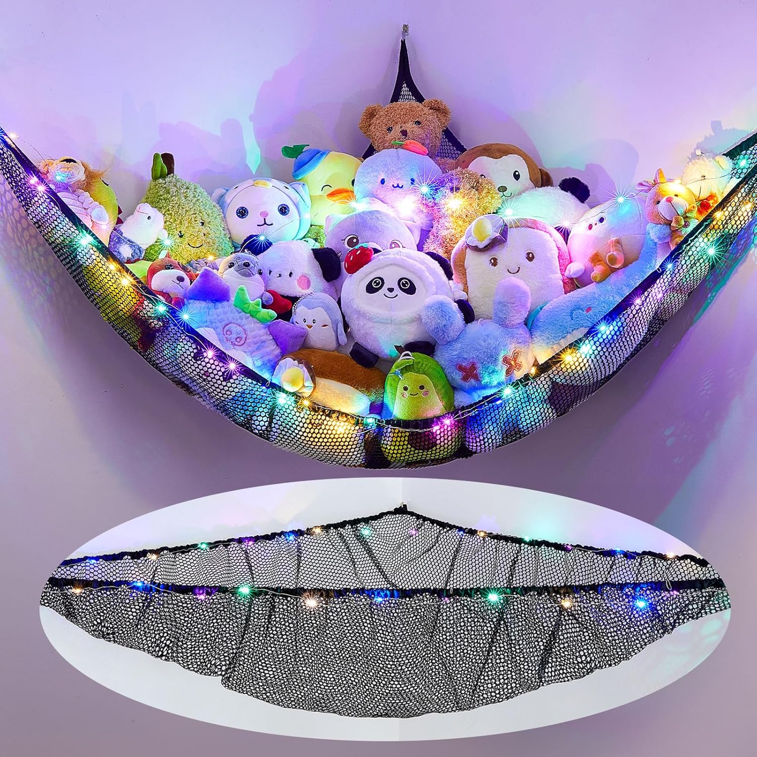 MHJY Toy Hammock for Stuffed Animals Soft Toy Storage Net with LED Light, Cuddly...