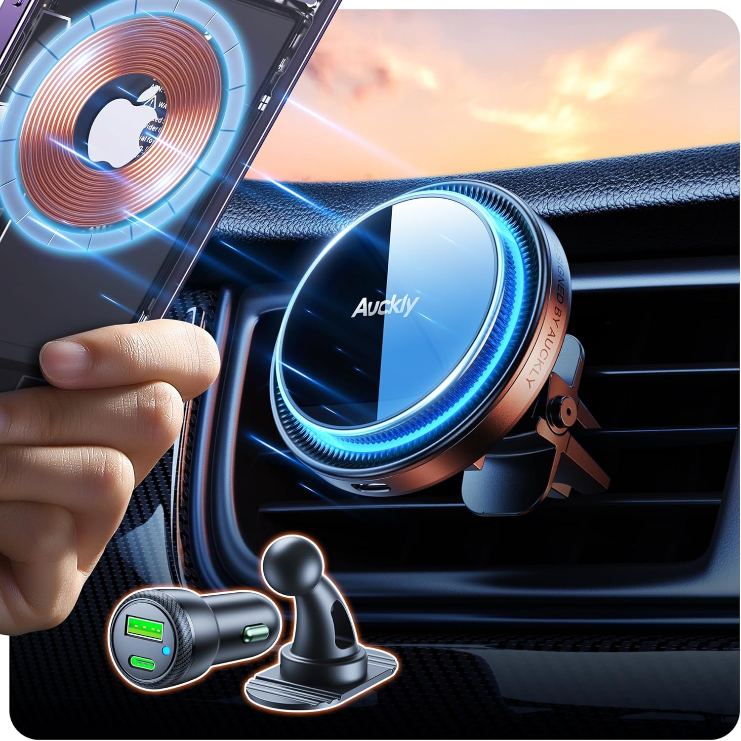 Auckly 15W for MagSafe Car Mount Charger, (1.73kg) Magnetic Wireless for MagSafe...