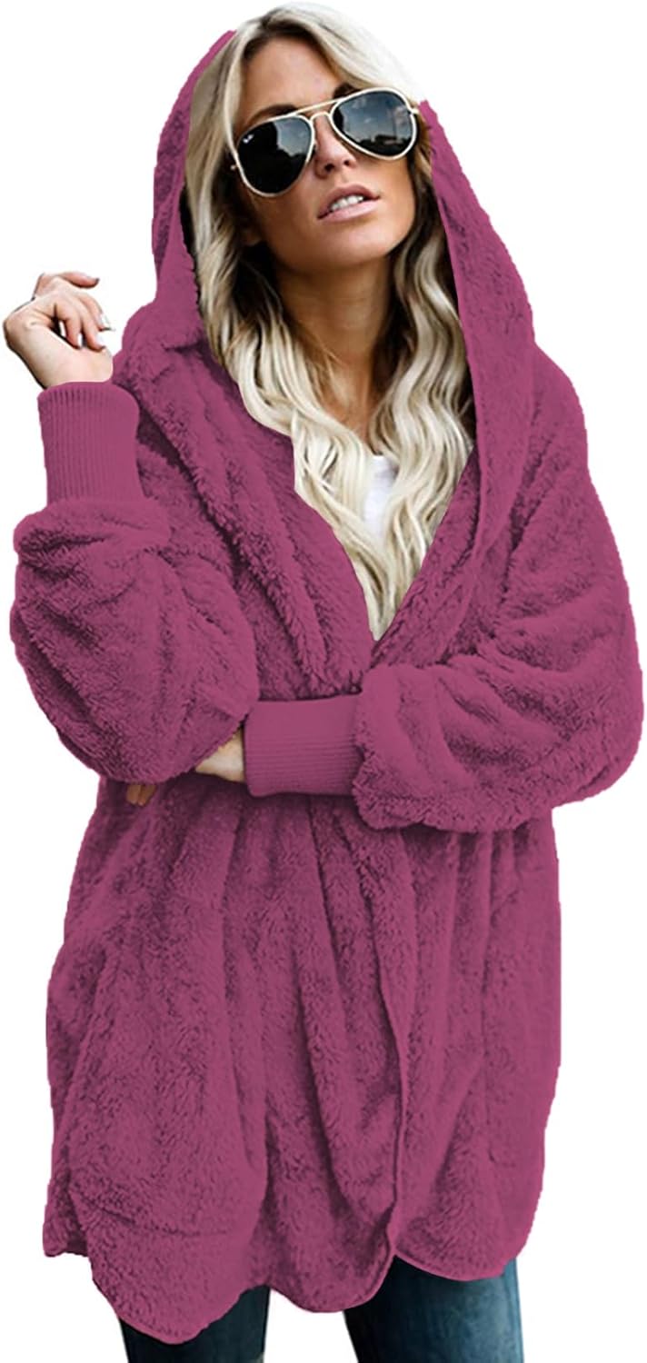 Women Hooded Cardigan Fuzzy Jacket Winter Open Front Fleece Coat Outwear with Po...