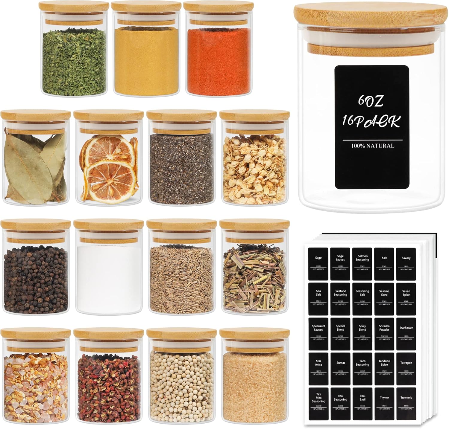 ComSaf 16Pcs Glass Spice Jars with Bamboo Lid, 6oz Airtight Round Spice Containe...