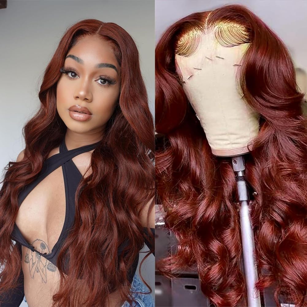 Reddish Brown Lace Front Wigs Human Hair 180% Density 13x4 HD Transparent Body W...