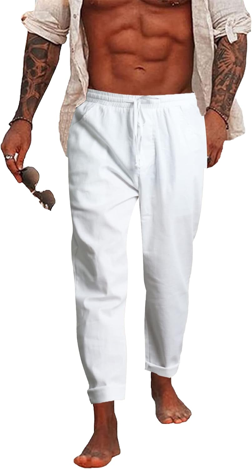 NANAMEEI Men's Cotton Linen Trousers Casual Linen Trousers with Pockets Elastic...