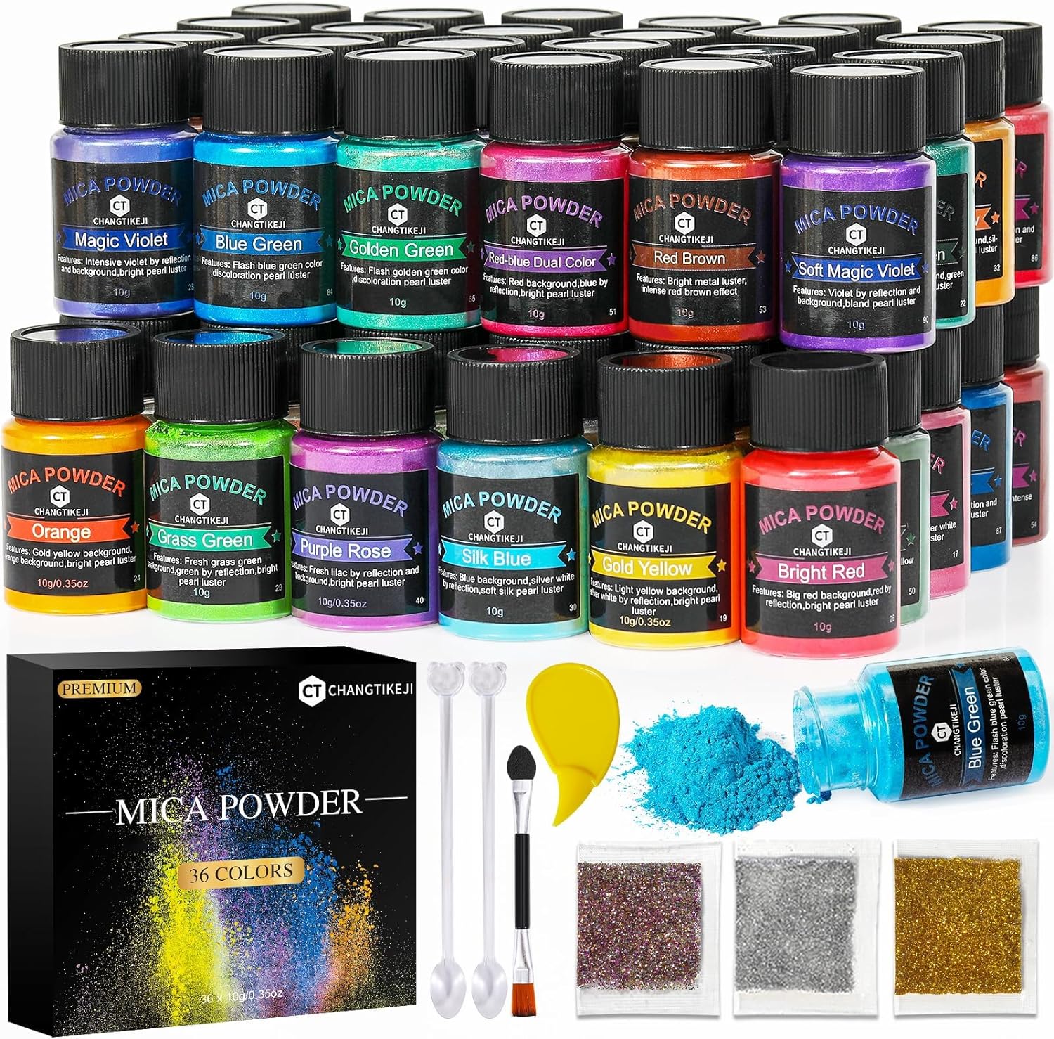 Mica Powder，36 Colors - 10g/Bottle of Natural Pigment Powder for Epoxy Resin，S...