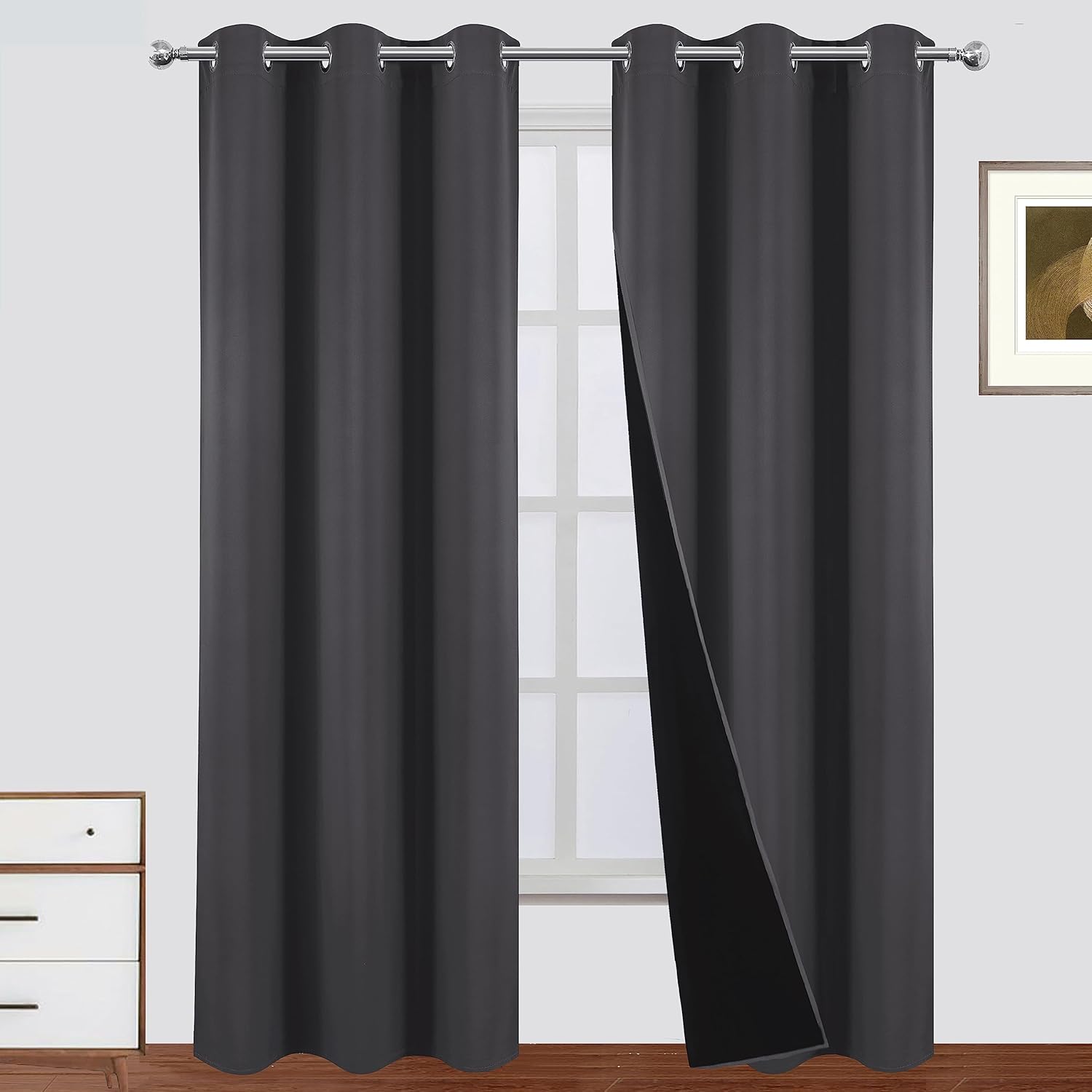 LEMOMO 100% Blackout Curtains Dark Grey Curtains 38 x 84 Inch 2 Panels Darkening...