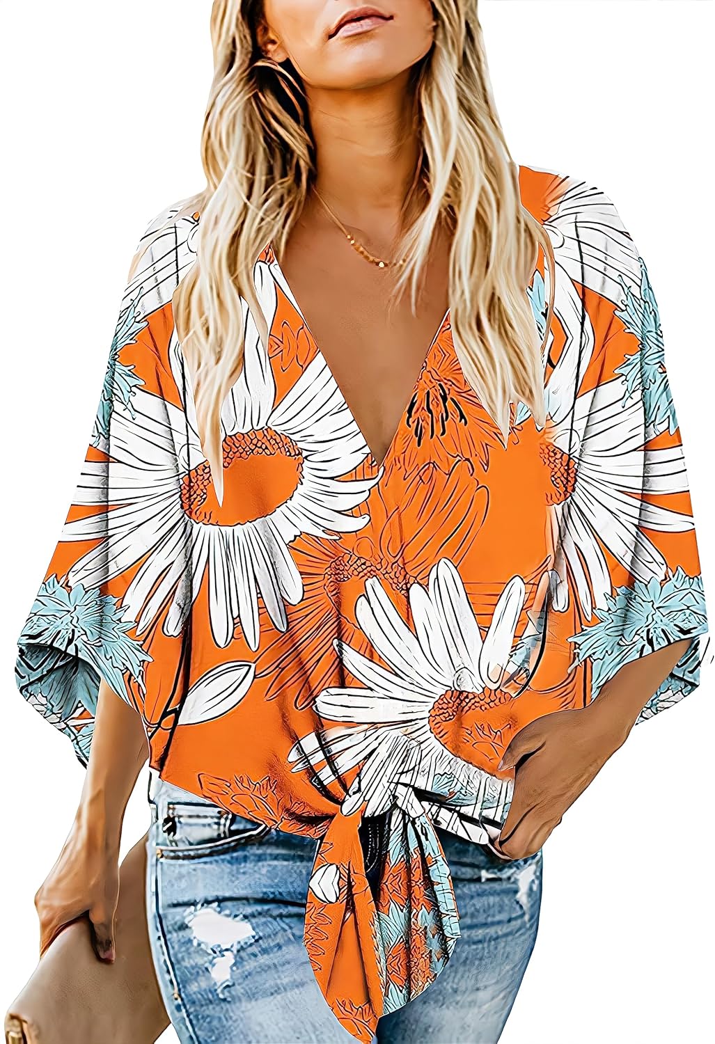 Comfortable Women's Casual Floral Blouse, Unique Batwing Sleeve Loose Fitting Sh...
