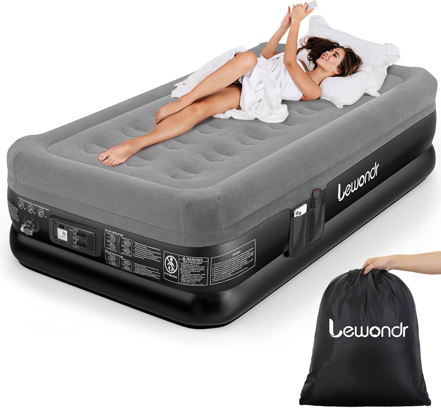 Lewondr Twin Air Mattress with Built in Pump,18" Deluxe Blow Up Mattress, Adjust...