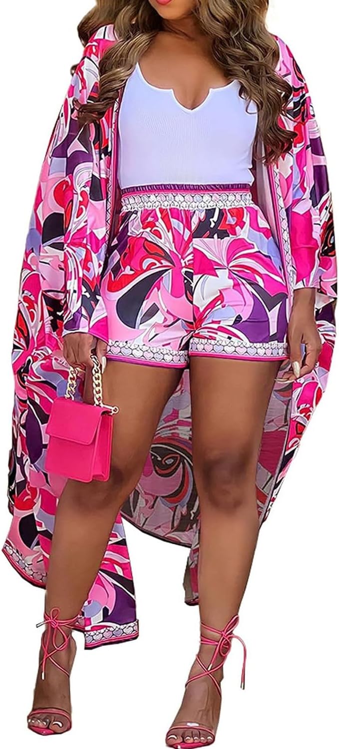 QegarTop Kimono Shorts Set for Women Two Piece Summer Vacation Outfits Flowy Bea...