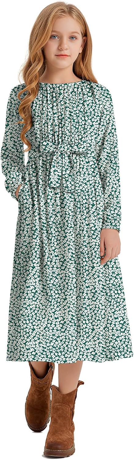 LaBeca Girls Casual Elastic Crew Neck Floral Printed Solid Color A-line Swing Hi...