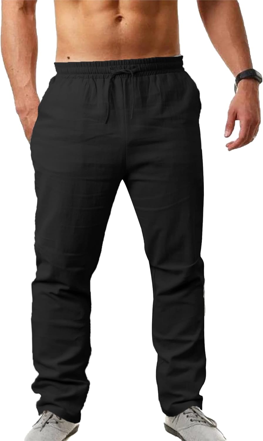 NANAMEEI Men's Cotton Linen Trousers Loose Fit Mens Drawstring Trousers Mens Yog...