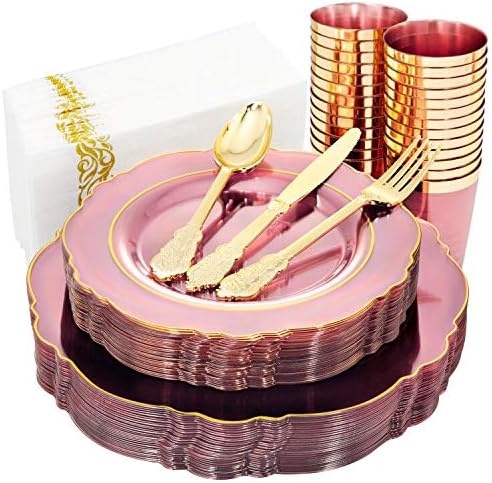 KIRE 210Pcs Clear Pink Plastic Plates with Gold Rim& Disposable Gold Plastic Sil...