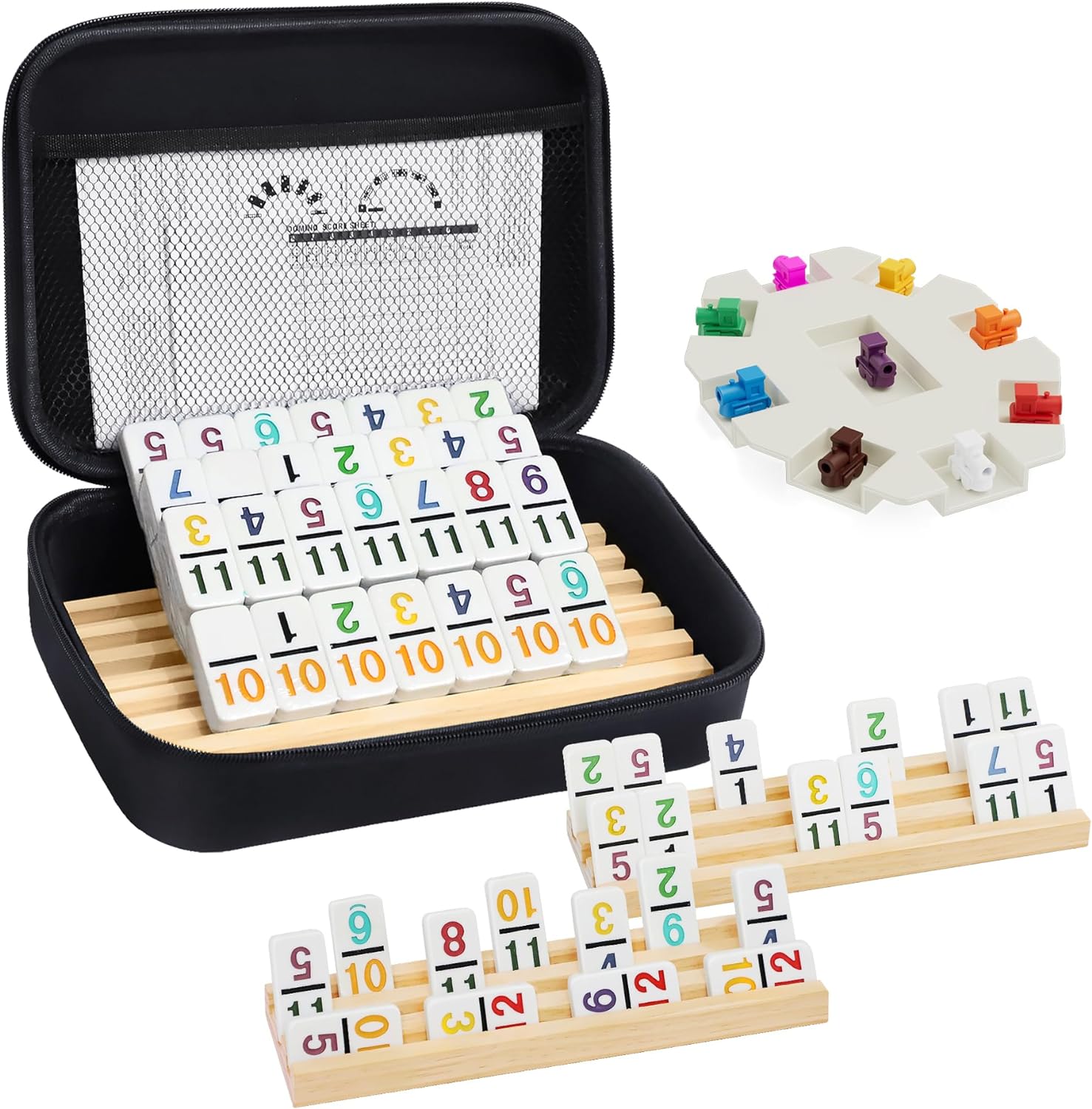 Mexican Train Dominoes Set with Numbers and 4 Wooden Trays/Racks, Double 12 Domi...
