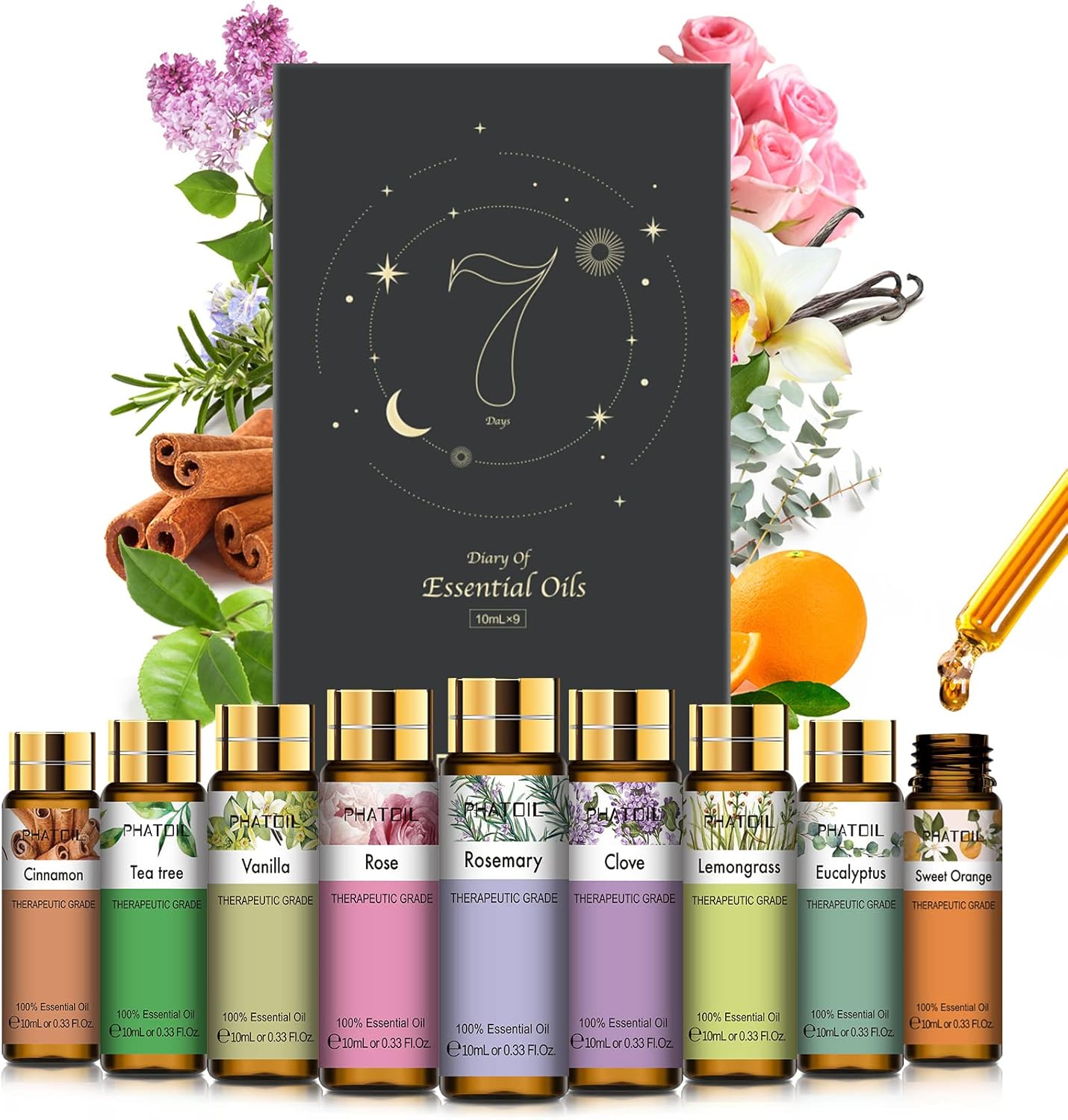 PHATOIL Top 9 Essential Oil Set for Diffuser, Aromatherapy and Candle Making, Pu...