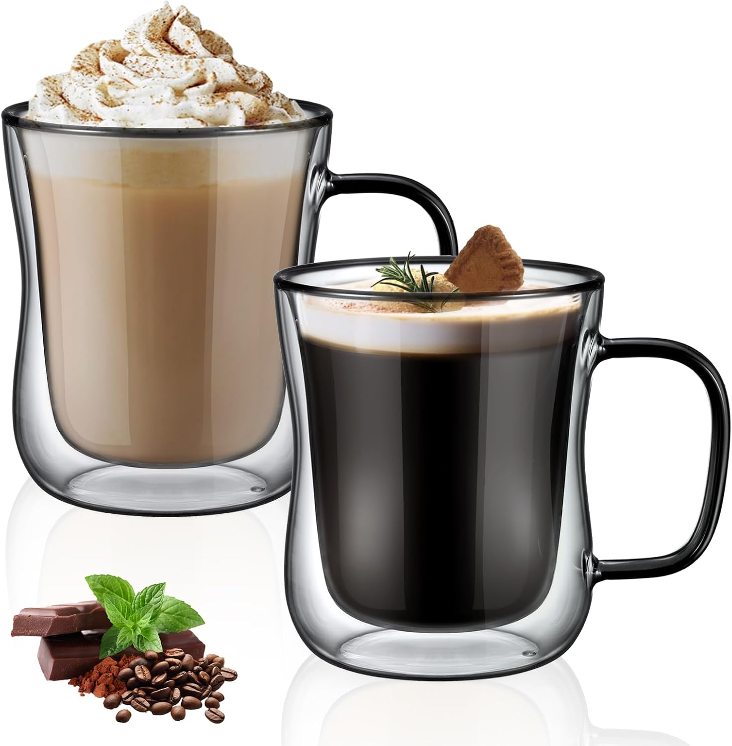 ecooe 2x350ml Unique Black Double Walled Coffee Glasses Mugs Cappuccino Latte Ma...
